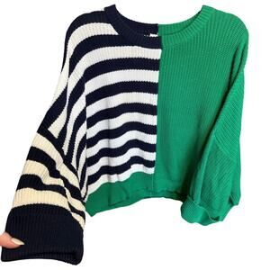 JS71 Colorblock Striped Sweater Knitted Crewneck Navy Blue Green Size M / L